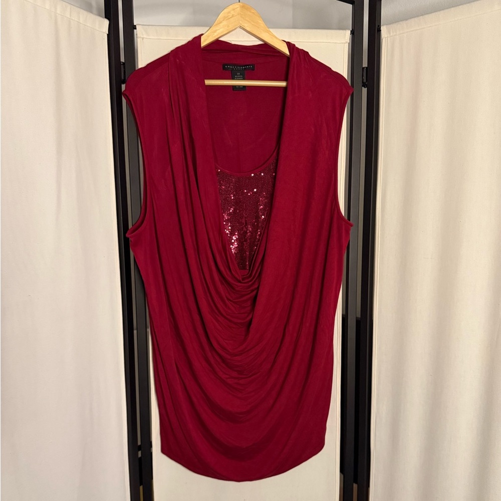 ✨ Grace Elements Red Cowl Sequined Drapey Blouse